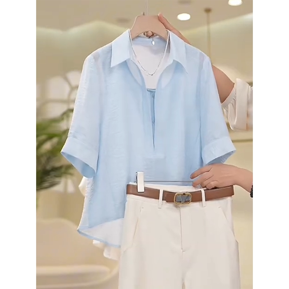 品牌折扣正品女装断码清仓特价不能退换天丝蓝色衬衫女夏季