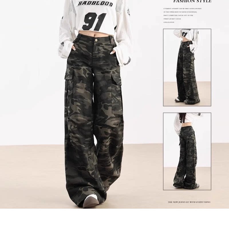 品牌正品女装衣服断码特价清仓 不退换-美式高街迷彩工装牛仔裤女