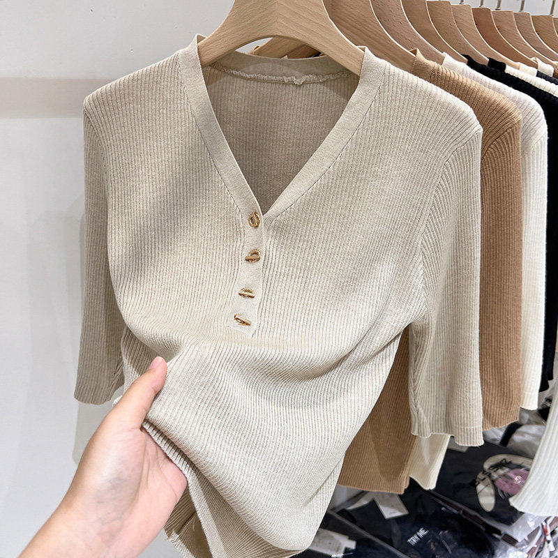 品牌折扣正品女装断码清仓特价不能退换v领七分袖针织衫女秋季新