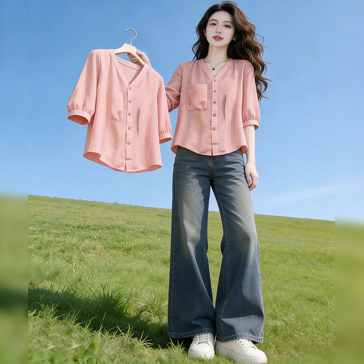 品牌折扣正品女装断码清仓特价不能退换高端v领七分袖衬衫短