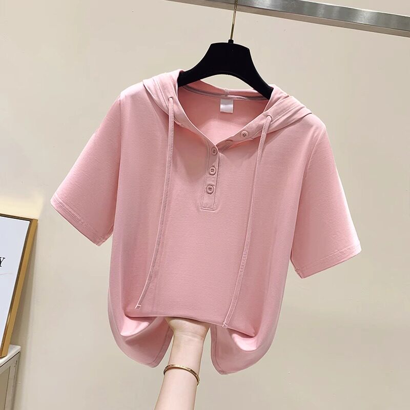 【品牌正品女装新品超级秒杀 不接受退换】粉色连帽短袖T恤女夏季