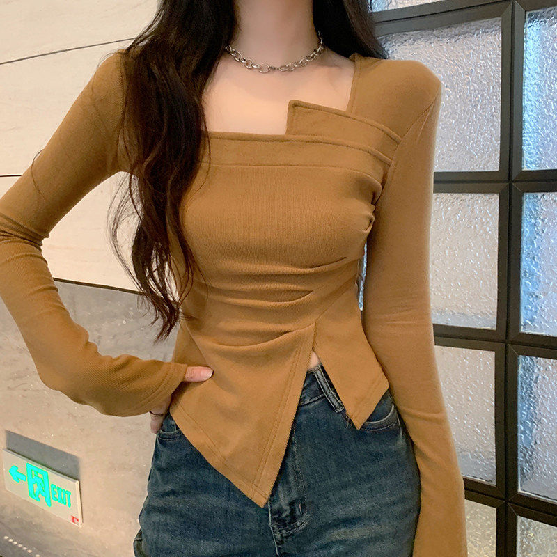 品牌折扣正品女装断码清仓特价不能退换欧货方领长袖T恤女秋季修