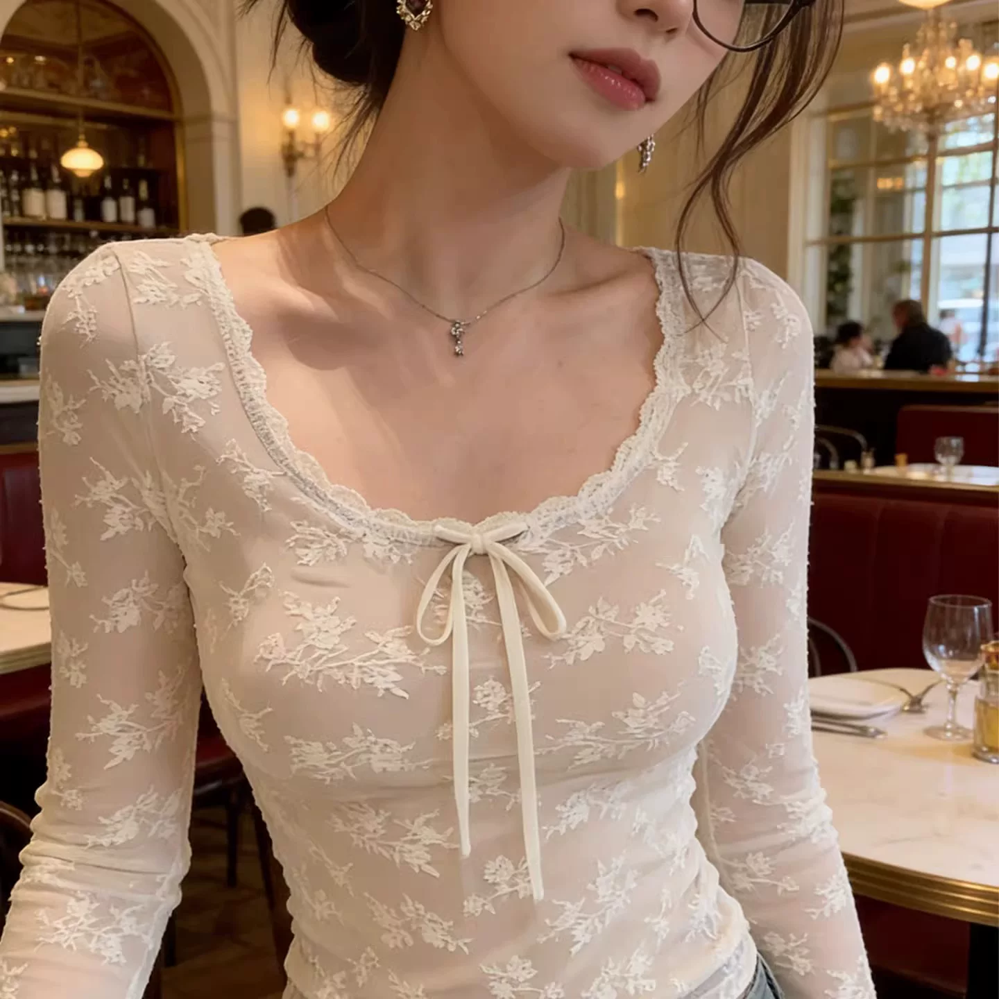 品牌折扣正品女装断码清仓特价不能退换纯欲蕾丝长袖T恤女