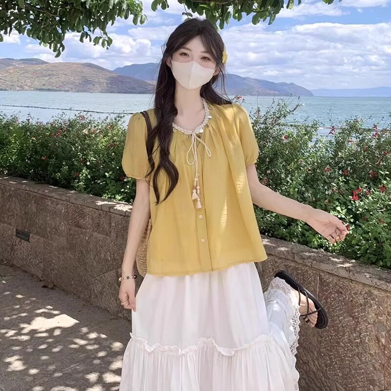品牌折扣正品女装断码清仓特价不能退换黄色泡泡袖雪纺衬衫短袖T