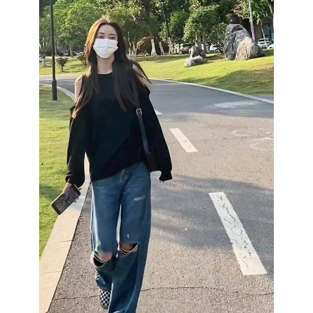 品牌折扣正品女装断码清仓特价不能退换黑色露肩长袖T恤女春秋新