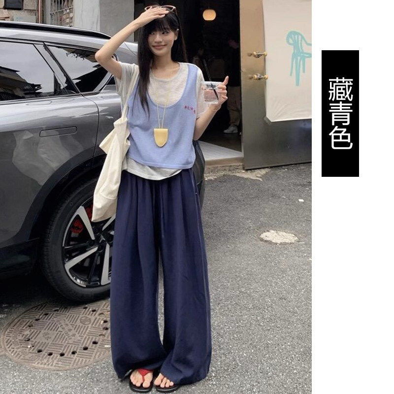 品牌折扣正品女装断码清仓特价不能退换藏青色天丝裤子女夏季薄款