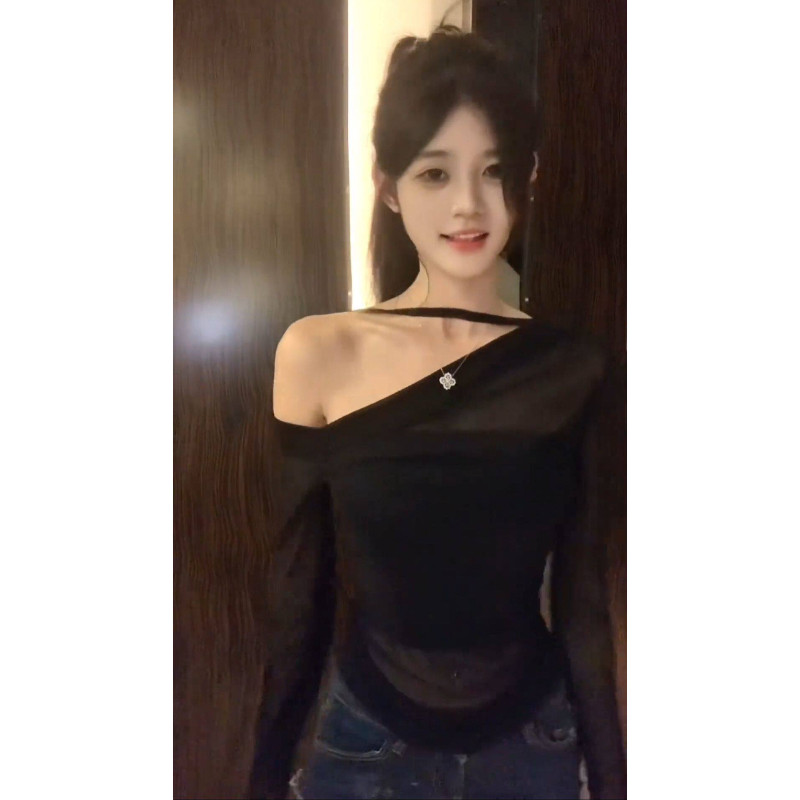 品牌折扣正品女装断码清仓特价不能退换网纱斜领露肩长袖T恤女秋