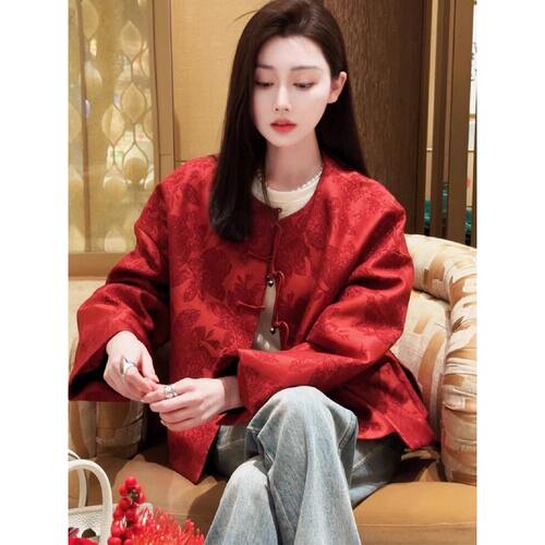 品牌折扣正品女装断码清仓特价不能退换新年穿搭红色提花高档新中