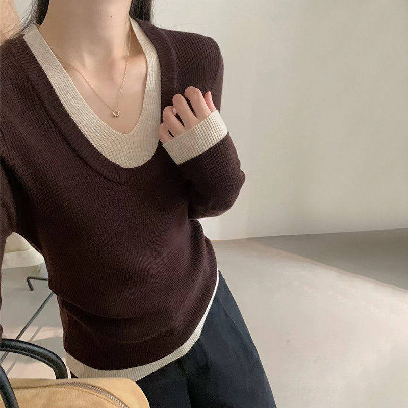品牌正品断码特价清仓衣服 不退换-韩系假两件V领针织打底衫女