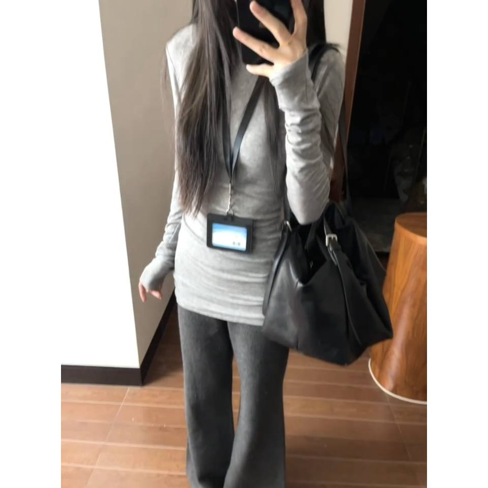 品牌折扣正品女装断码清仓特价不能退换韩系灰色中长款长袖t恤女