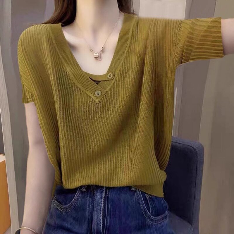 品牌折扣正品女装断码清仓特价不能退换V领冰丝针织短袖T恤女2026