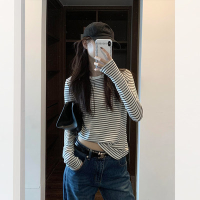 品牌折扣正品女装断码清仓特价不能退换条纹圆领长袖T恤女