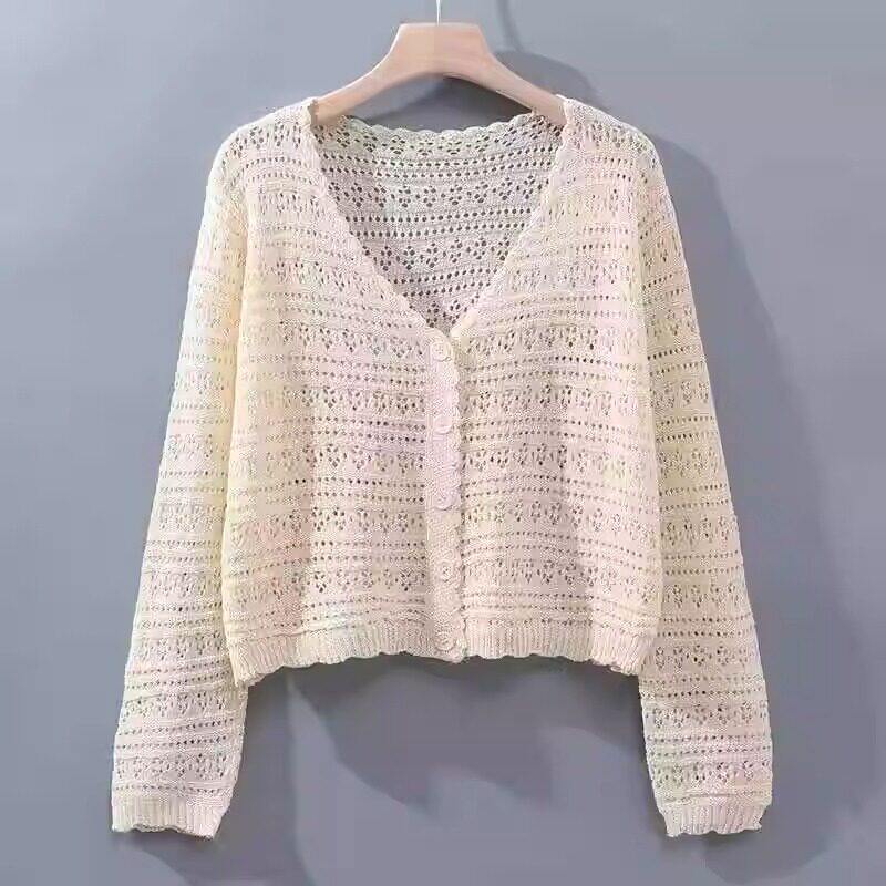 品牌折扣正品女装断码清仓特价不能退换蓝色镂空针织开衫女薄款长