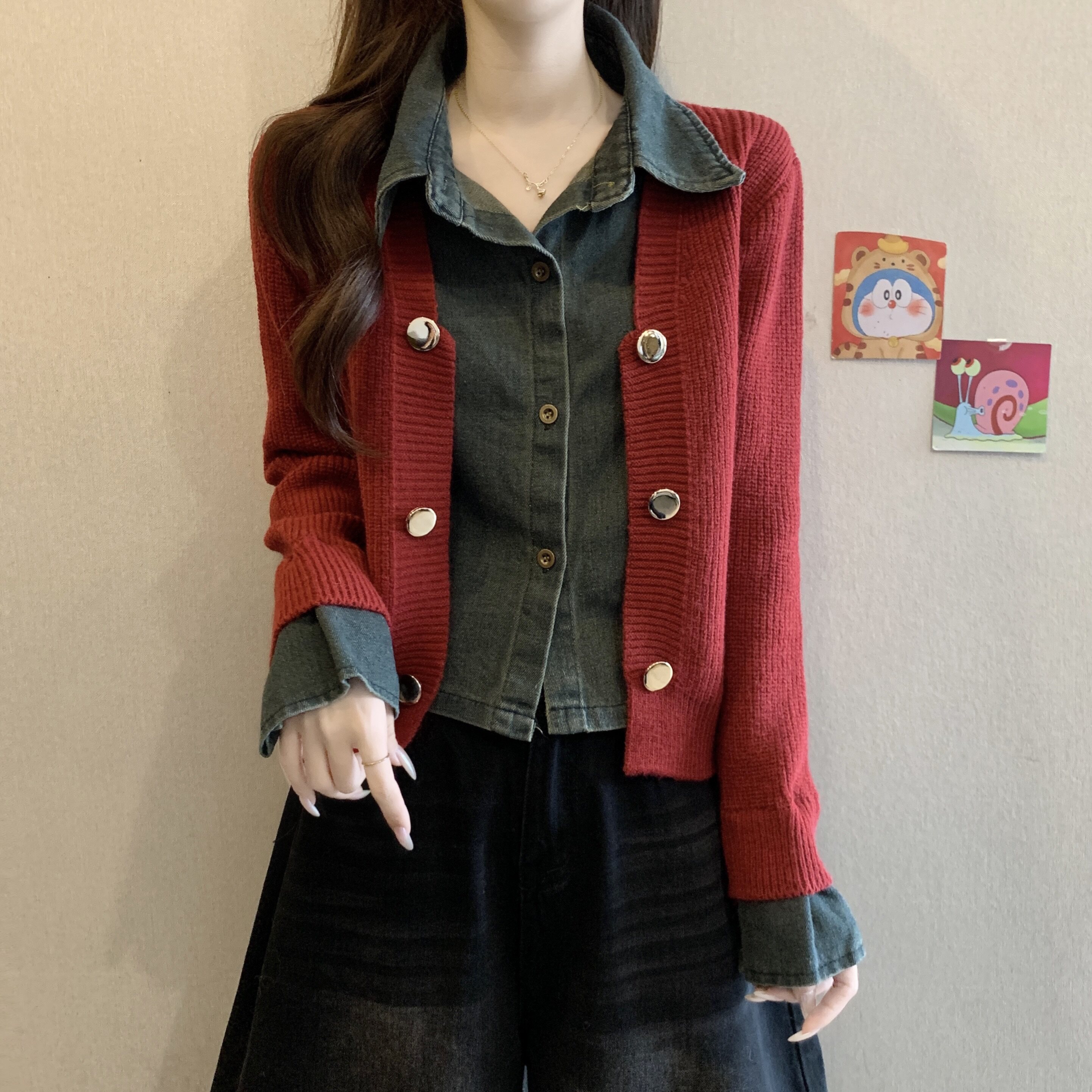 品牌折扣正品女装断码清仓特价不能退换复古牛仔衬衫拼接假两件