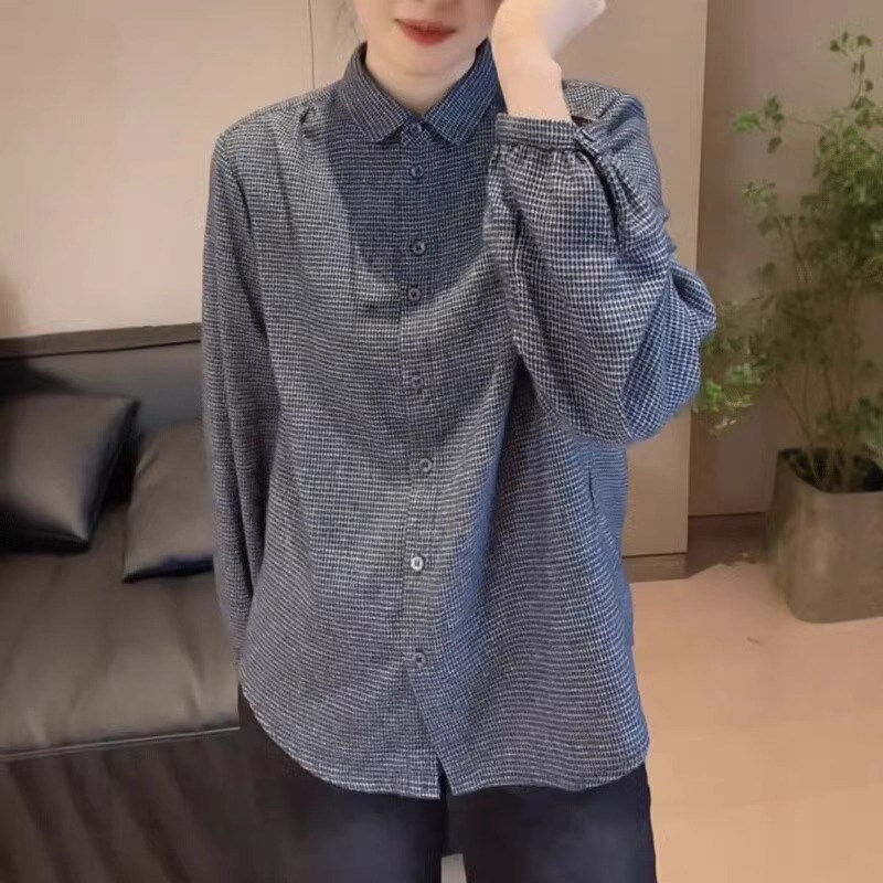 品牌折扣正品女装断码清仓特价不能退换藏蓝色磨毛格子衬衫女秋季