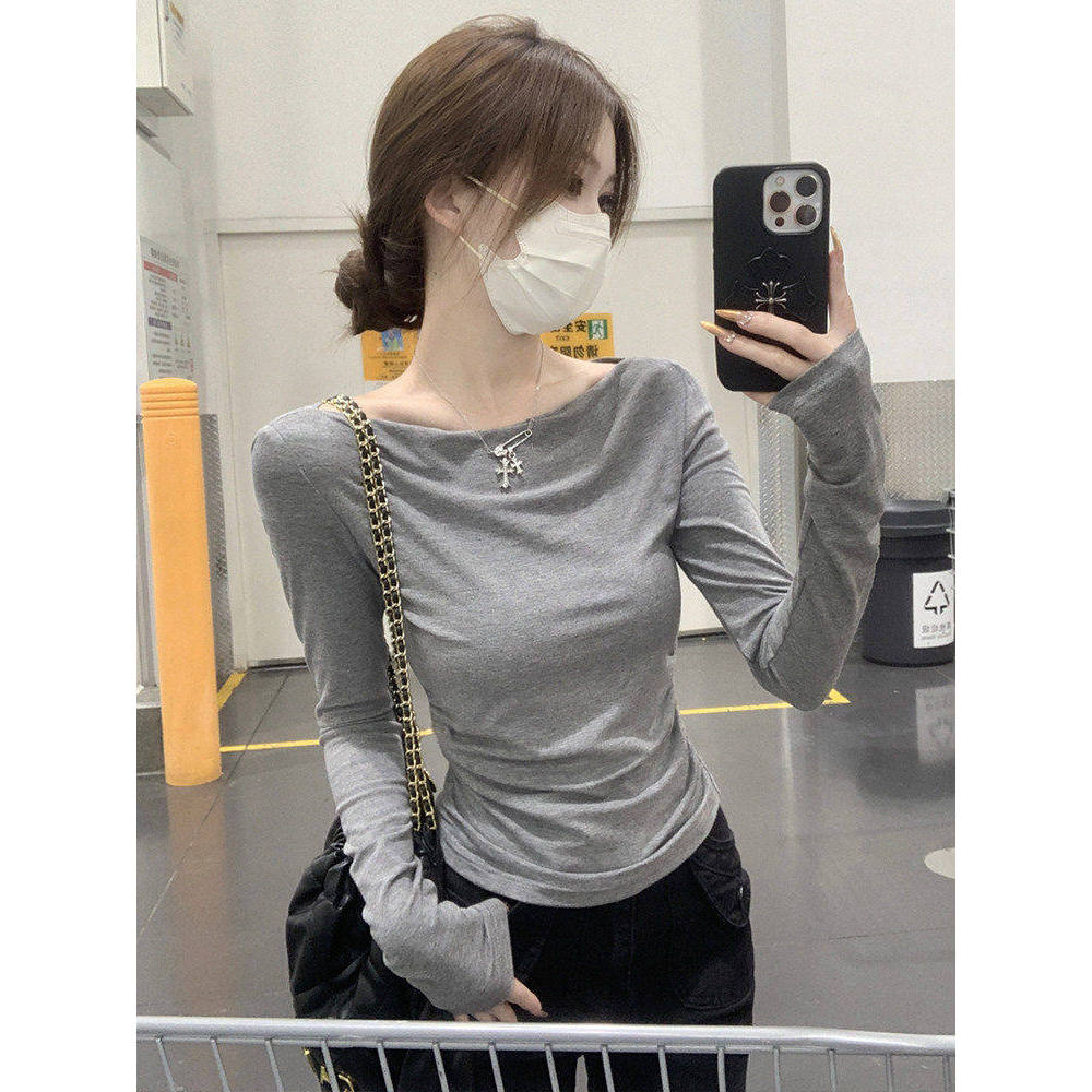 品牌折扣正品女装断码清仓特价不能退换灰色一字领长袖T恤女秋季