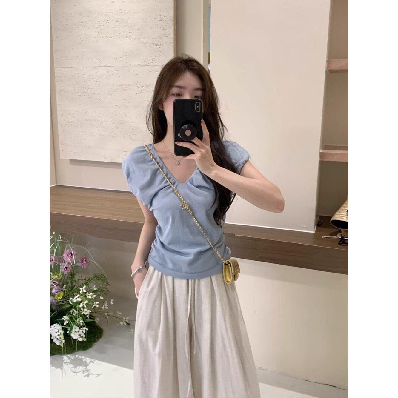 品牌折扣正品女装断码清仓特价不能退换蓝色冰丝V领T恤针织衫