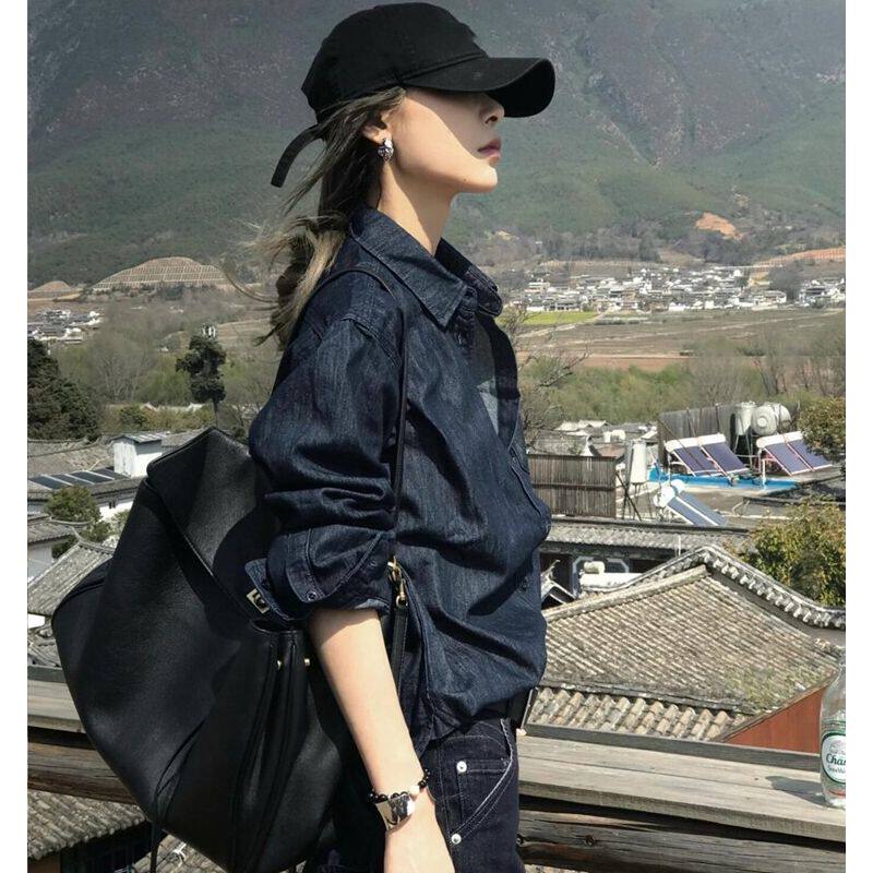 美式藏蓝色高级感牛仔外套女秋冬川西旅游穿搭长袖衬衫