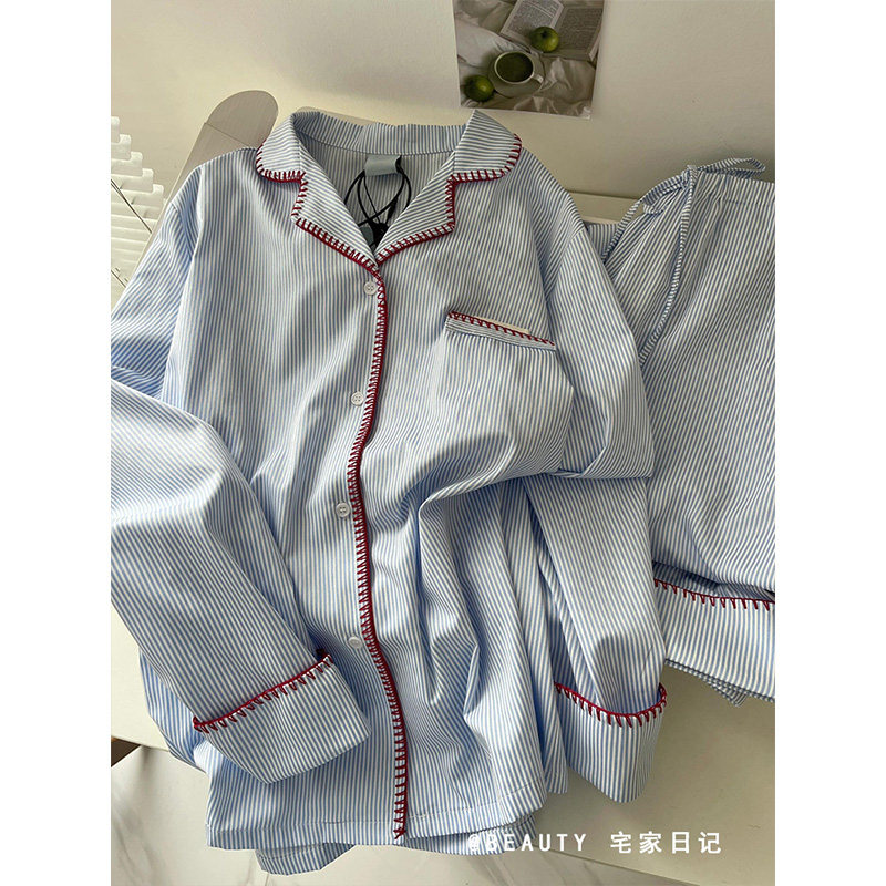 品牌折扣正品女装断码清仓特价不能退换蓝白条纹长袖睡衣女款春