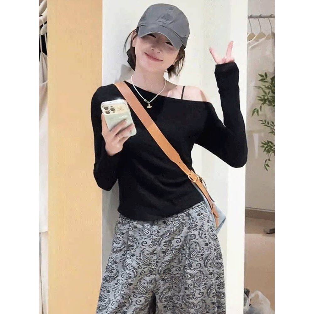 品牌折扣正品女装断码清仓特价不能退换露肩长袖t恤女2026新款秋
