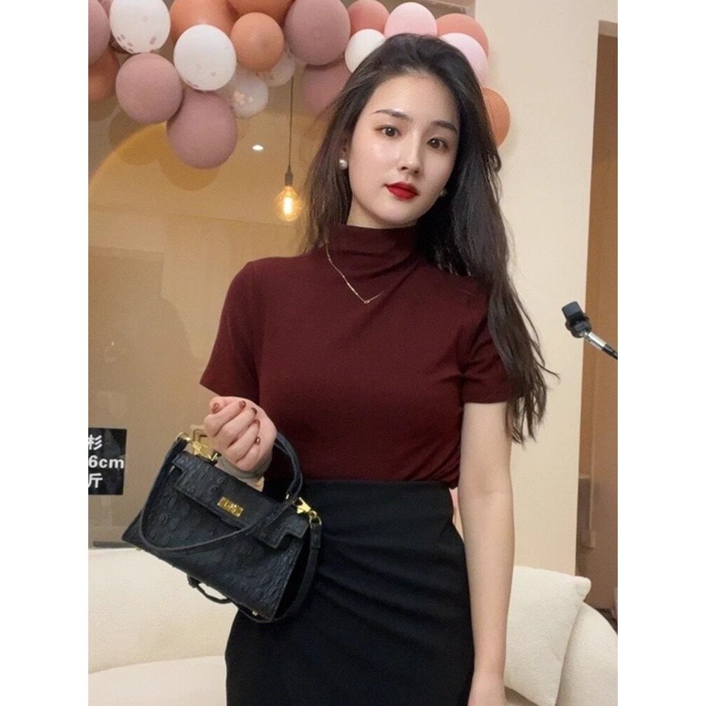 品牌折扣正品女装断码清仓特价不能退换酒红色半高领短袖T恤女秋