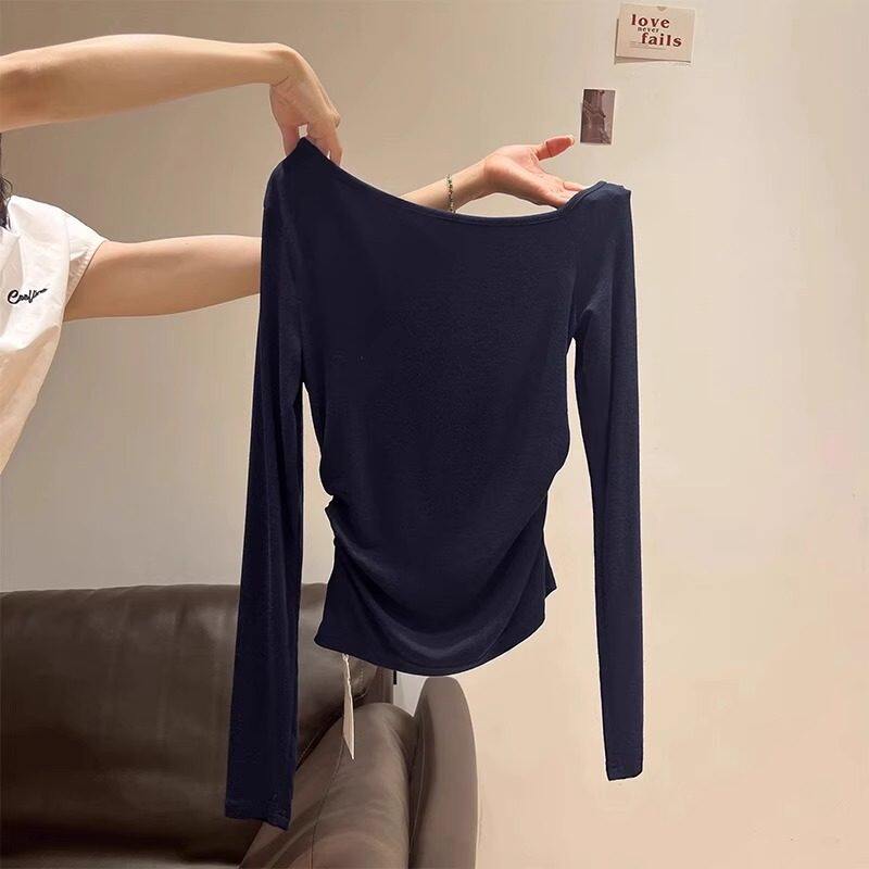 品牌折扣正品女装断码清仓特价不能退换藏蓝色斜肩长袖T恤女秋季