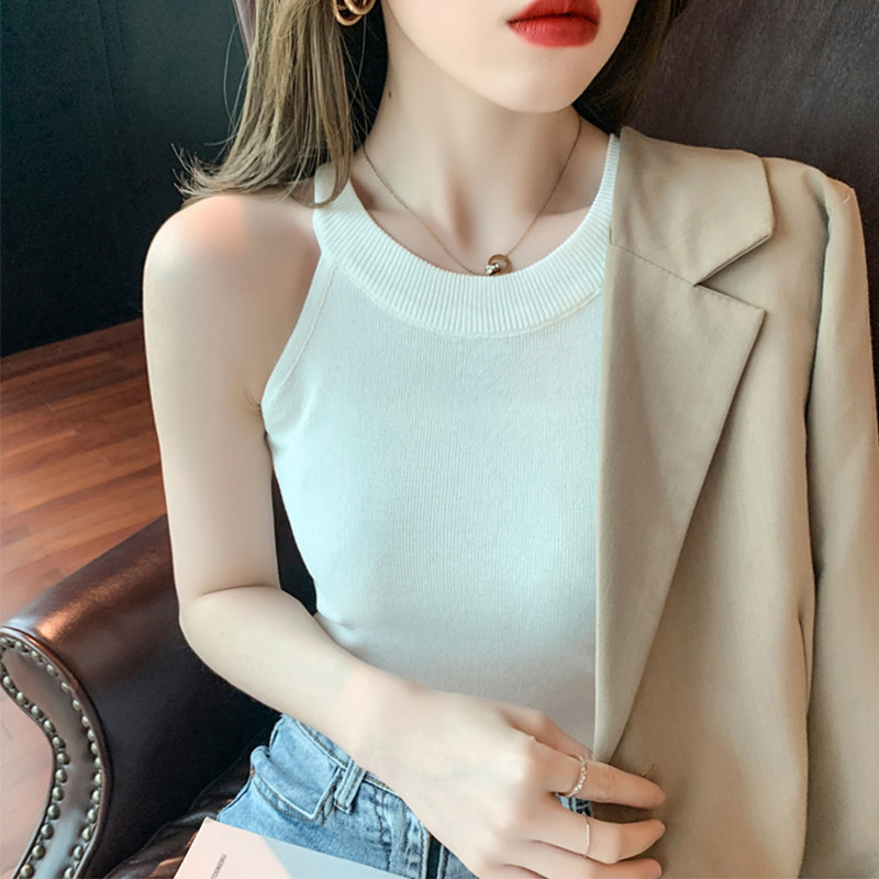 品牌折扣正品女装断码清仓特价不能退换黑色针织挂脖吊带背心女法