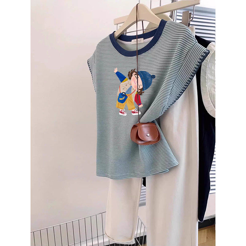 品牌折扣正品女装断码清仓特价不能退换欧货条纹圆领印花无袖T恤