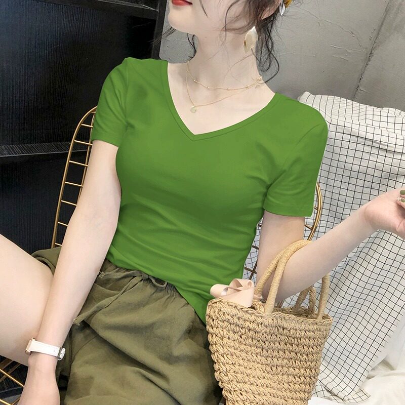 【品牌正品女装新品超级秒杀 不接受退换】牛油果绿V领T恤女短袖