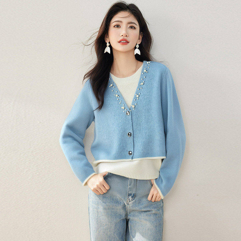 品牌正品女装衣服断码特价清仓 不退换-蓝色假两件针织开衫女秋冬