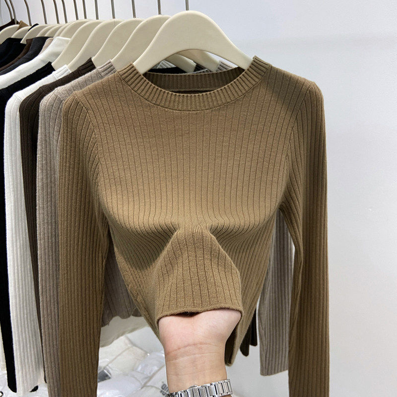 品牌正品女装衣服断码特价清仓 不退换-卡其色圆领毛衣女秋冬新