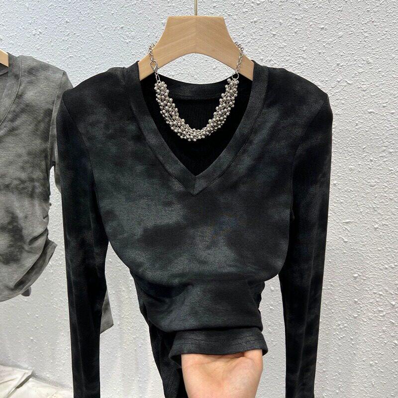 品牌折扣正品女装断码清仓特价不能退换欧货V领正肩扎染长袖T恤女