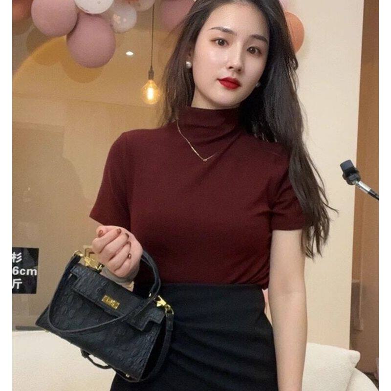 品牌折扣正品女装断码清仓特价不能退换酒红色半高领短袖T恤女秋