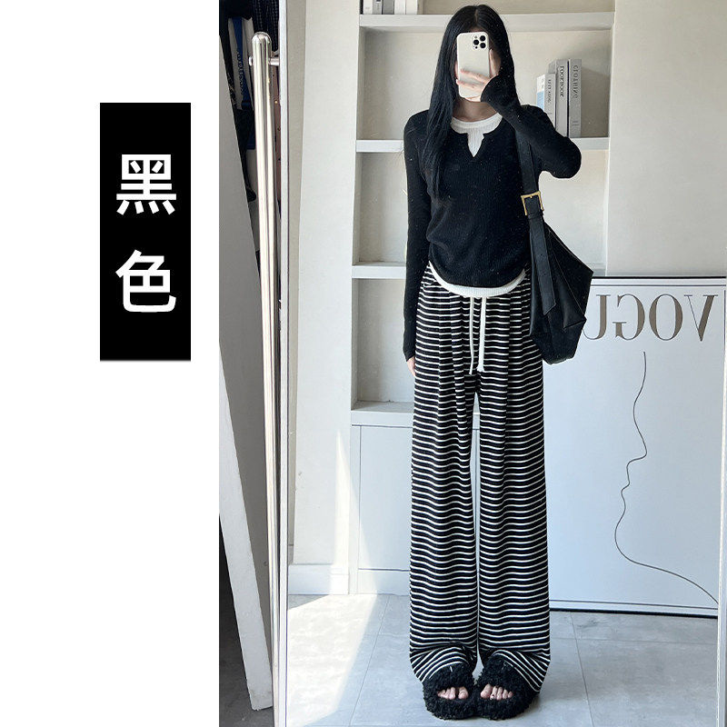 品牌正品女装衣服断码特价清仓 不退换-黑色条纹阔腿裤女春秋季新