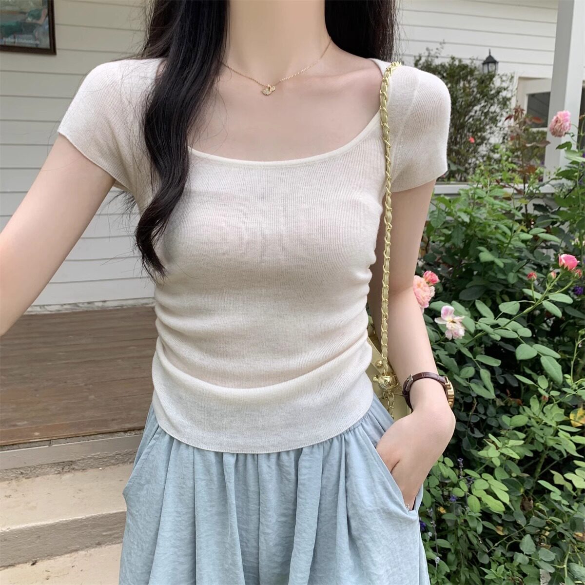 【品牌正品女装新品超级秒杀 不接受退换】杏色方领冰丝针织短袖T