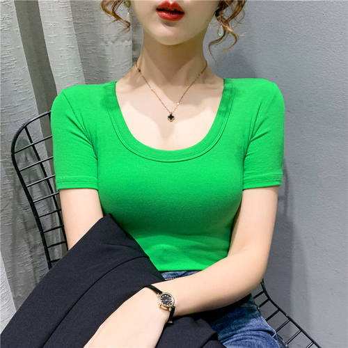 品牌折扣正品女装断码清仓特价不能退换绿色螺纹U领短袖t恤女夏