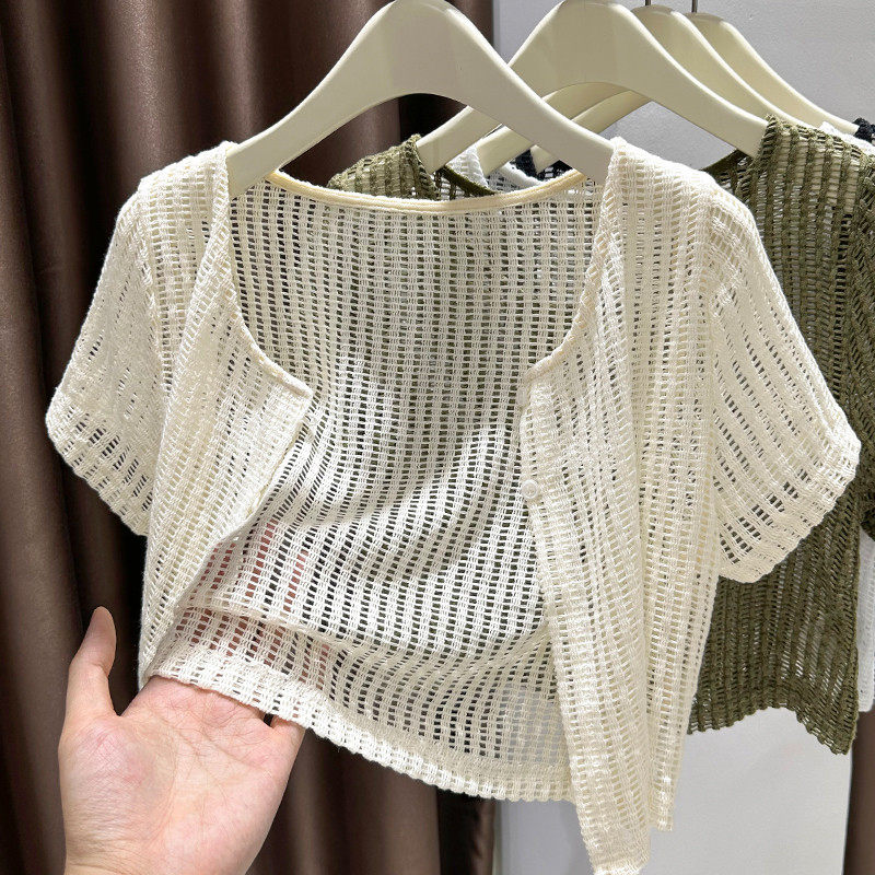 品牌折扣正品女装断码清仓特价不能退换镂空冰丝针织短袖开衫女