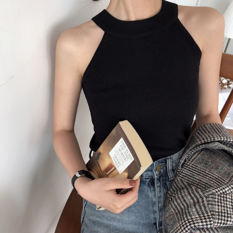 品牌折扣正品女装断码清仓特价不能退换黑色针织挂脖吊带背心