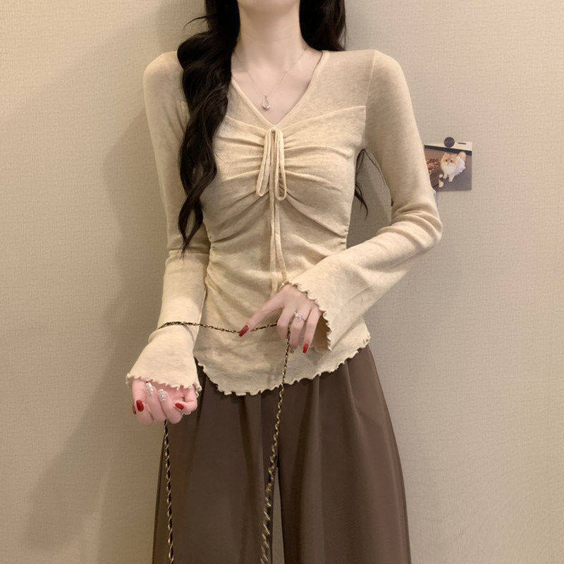 品牌折扣正品女装断码清仓特价不能退换V领木耳边针织打底衫女秋
