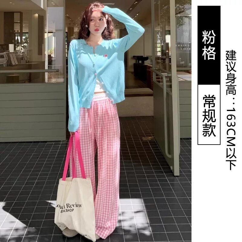 品牌折扣正品女装断码清仓特价不能退换粉色格子裤女夏季薄款高腰