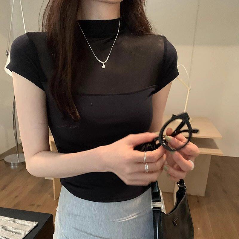 品牌折扣正品女装断码清仓特价不能退换白色小立领网纱T恤女夏季