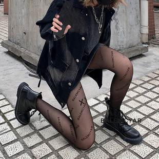 夜间教习室黑色字母丝袜女春秋款英文ins潮袜子网红印花薄款黑丝