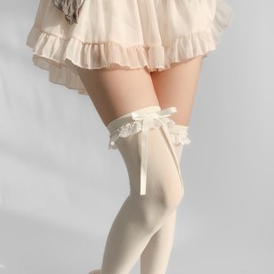 夜间教习室蕾丝过膝袜子女春款 lolita蝴蝶结花边白色长筒袜配靴子