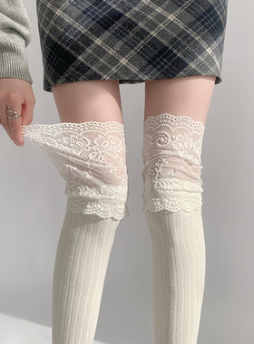 夜间教习室长筒袜女款春款蕾丝袜拼接洛丽塔袜子春秋白色jk堆堆袜