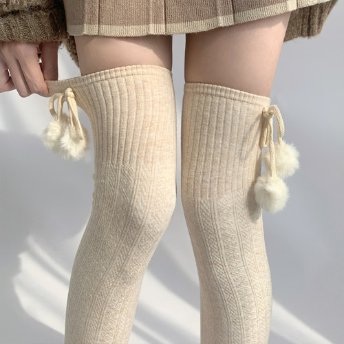 夜间教习室过膝长筒袜可爱毛球袜