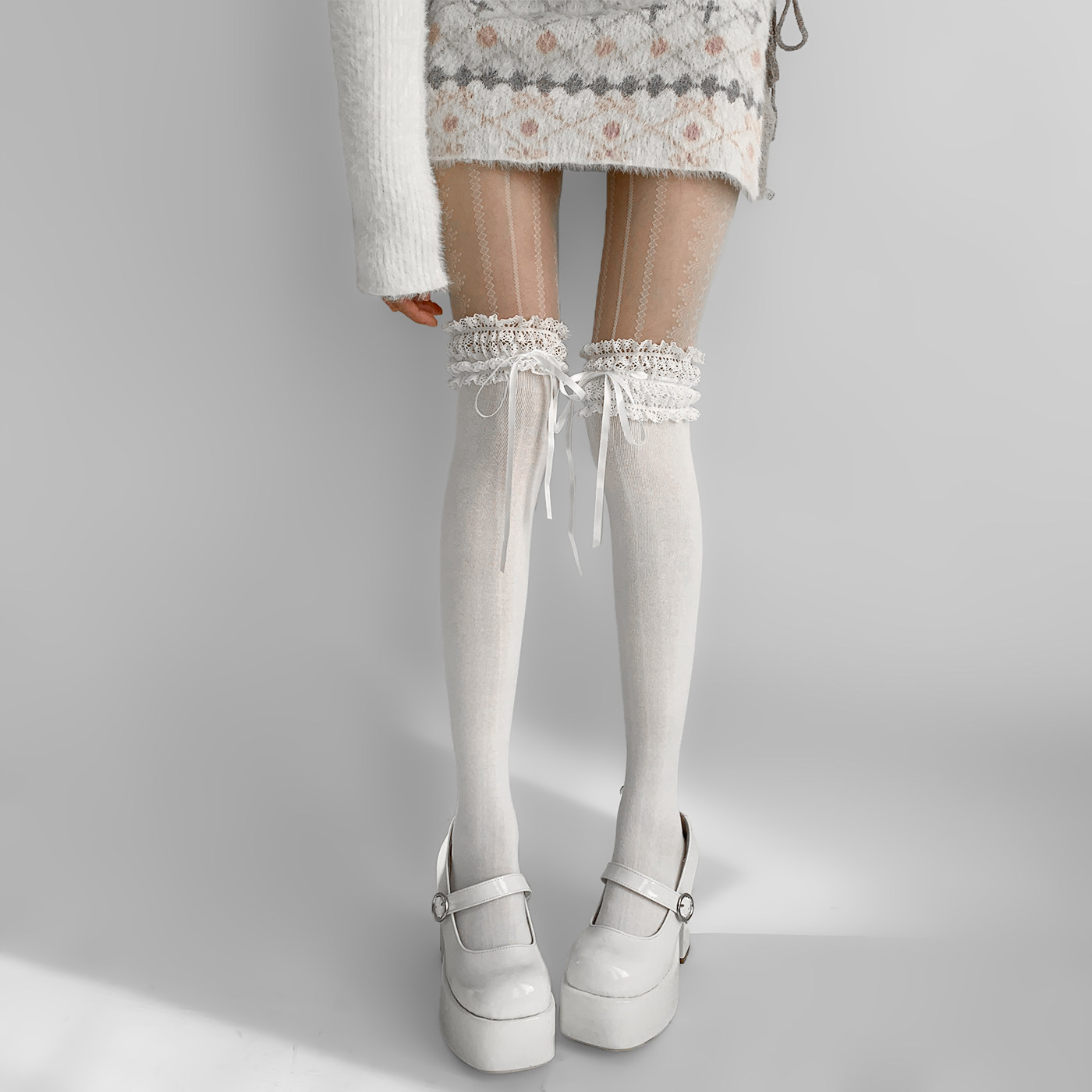 thumbnail for Night study room ribbon socks fall and winter style over-the-knee lolita ballerina-style white lace lace stockings