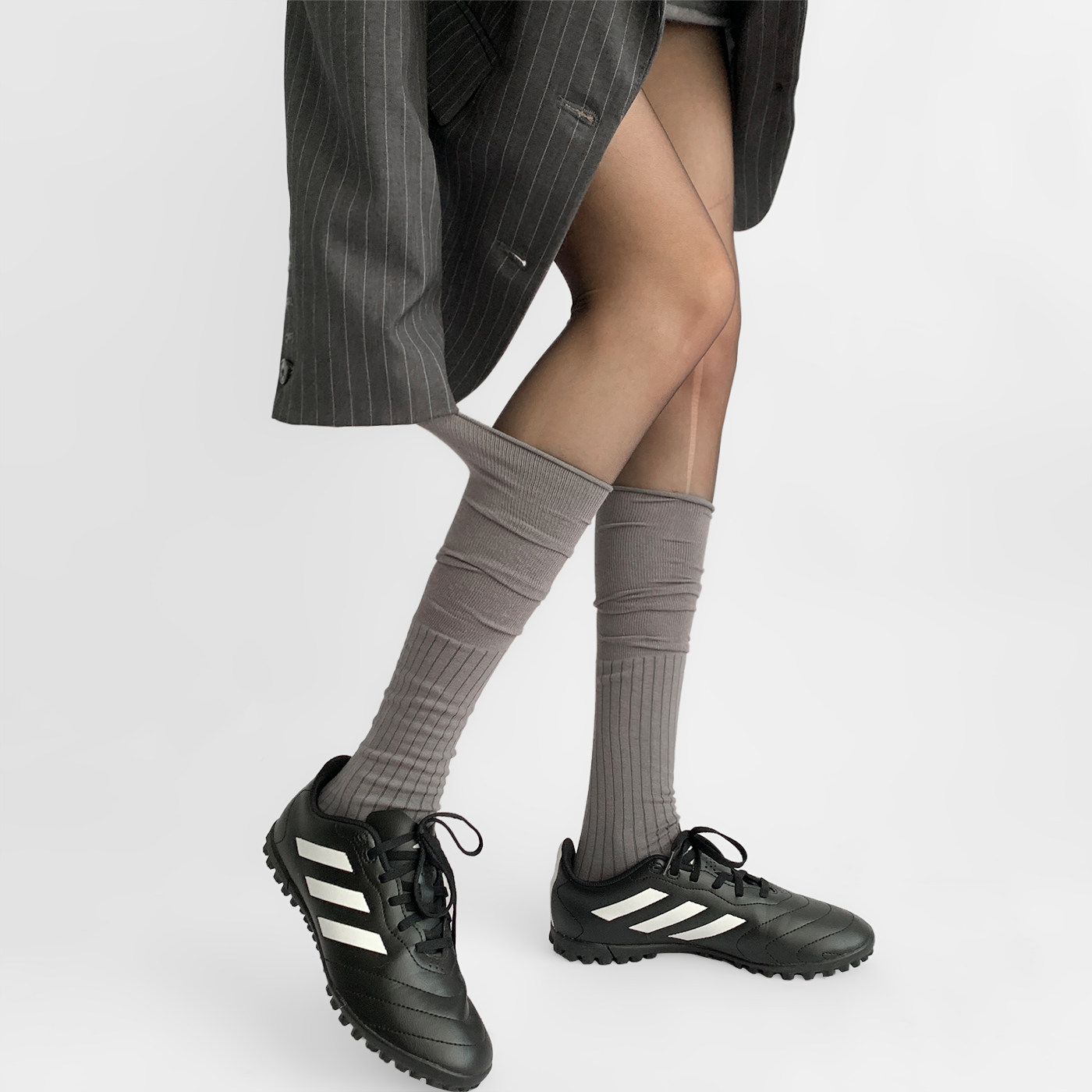 夜间教习室卷边袜子女秋冬中筒白色堆堆袜春秋拼接竖条纹jk小腿袜