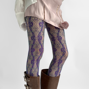 夜间教习室蕾丝连裤 y2k亚文化 袜镂空性感千禧辣妹紫色丝袜女薄款