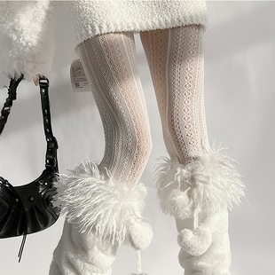 夜间教习室白色连裤 袜复古竖条纹蕾丝白丝袜镂空lolita日系打底裤
