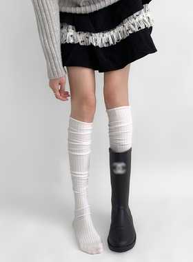 夜间教习室过膝堆堆袜女夏薄款日系及膝小腿袜jk白色长筒袜配靴子